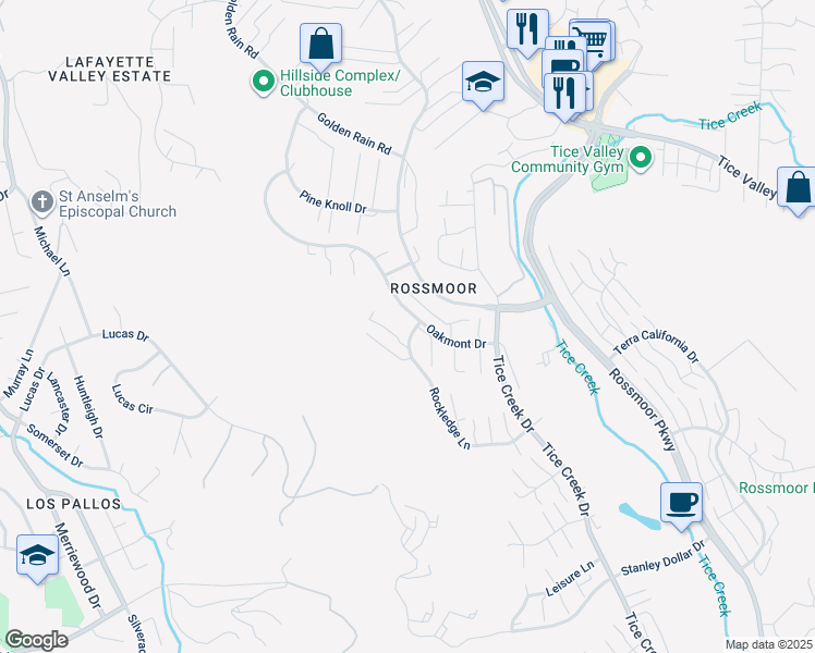 map of restaurants, bars, coffee shops, grocery stores, and more near 1565 Rockledge Lane in Walnut Creek