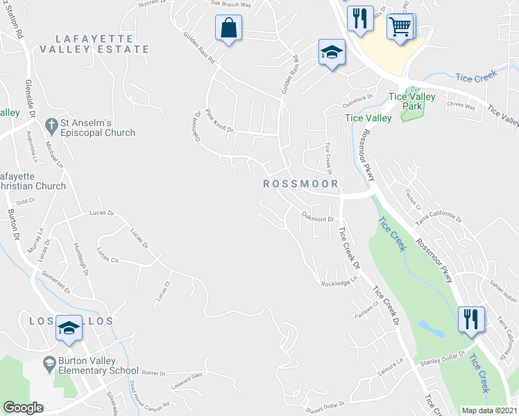 map of restaurants, bars, coffee shops, grocery stores, and more near 1459 Rockledge Lane in Walnut Creek