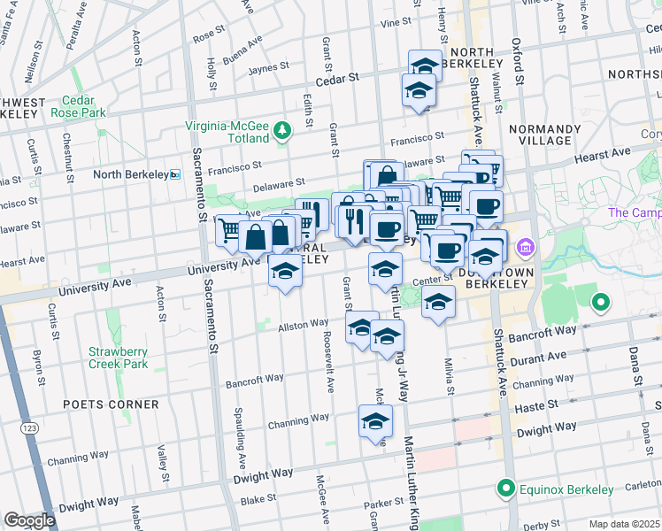 map of restaurants, bars, coffee shops, grocery stores, and more near 2016 Grant Street in Berkeley