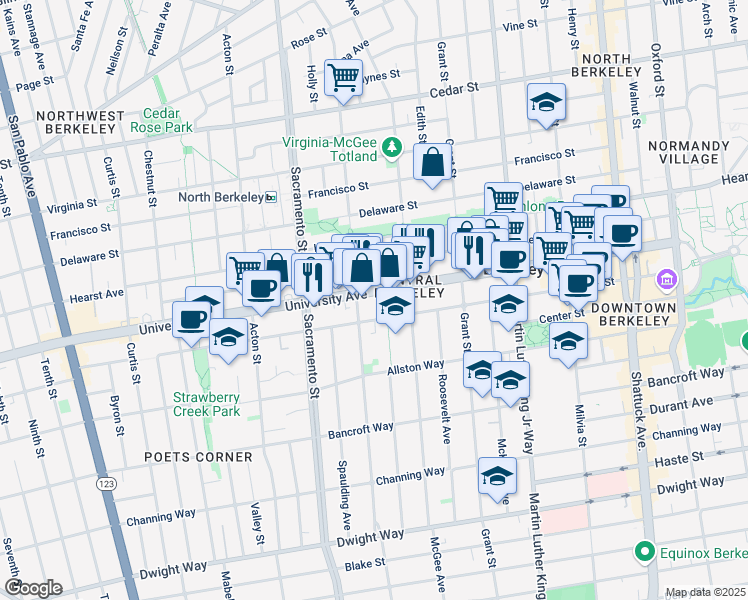 map of restaurants, bars, coffee shops, grocery stores, and more near 1658 University Avenue in Berkeley