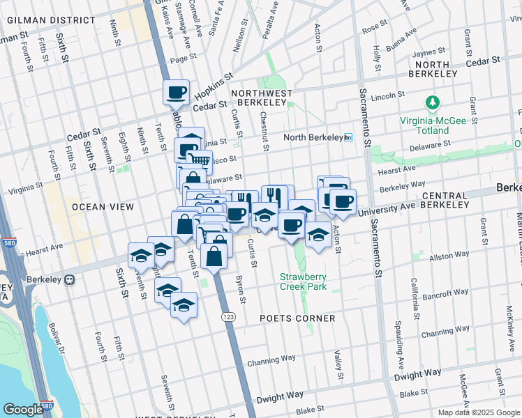 map of restaurants, bars, coffee shops, grocery stores, and more near 1221 University Avenue in Berkeley