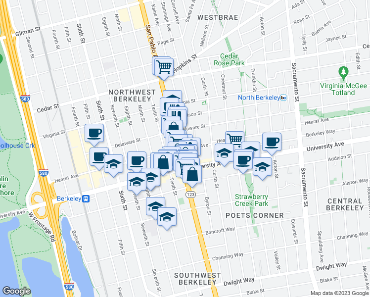 map of restaurants, bars, coffee shops, grocery stores, and more near 1095 Hearst Avenue in Berkeley