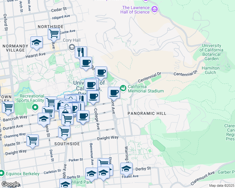map of restaurants, bars, coffee shops, grocery stores, and more near 210 Stadium Rim Way in Berkeley