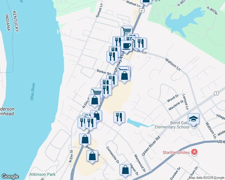 map of restaurants, bars, coffee shops, grocery stores, and more near 2452 U.S. 41 in Henderson