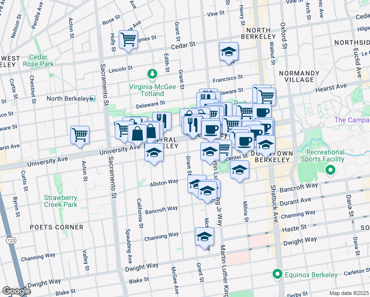 map of restaurants, bars, coffee shops, grocery stores, and more near 2016 Grant Street in Berkeley