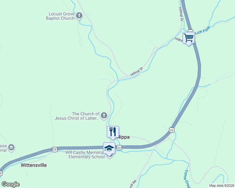 map of restaurants, bars, coffee shops, grocery stores, and more near 177-451 Church Drive in Paintsville