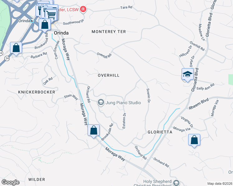 map of restaurants, bars, coffee shops, grocery stores, and more near 35 Owl Hill Road in Orinda