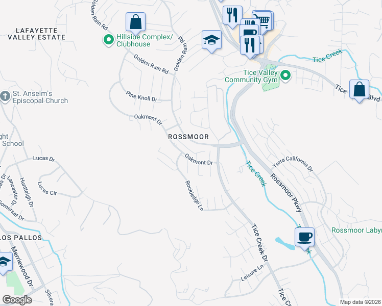 map of restaurants, bars, coffee shops, grocery stores, and more near 1200 Oakmont Drive in Walnut Creek