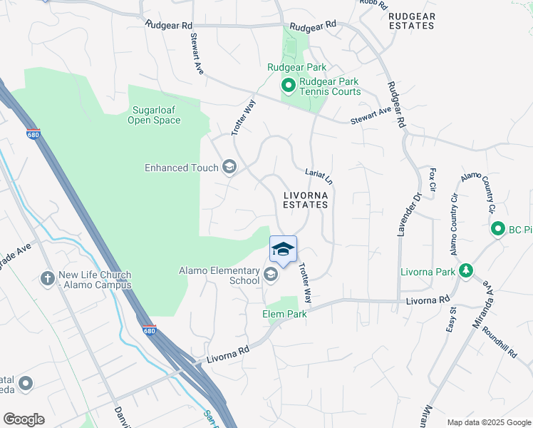 map of restaurants, bars, coffee shops, grocery stores, and more near 2611 Bridle Lane in Walnut Creek