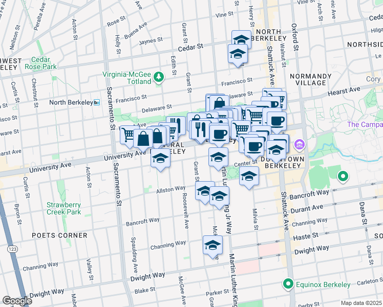 map of restaurants, bars, coffee shops, grocery stores, and more near 2016 Grant Street in Berkeley