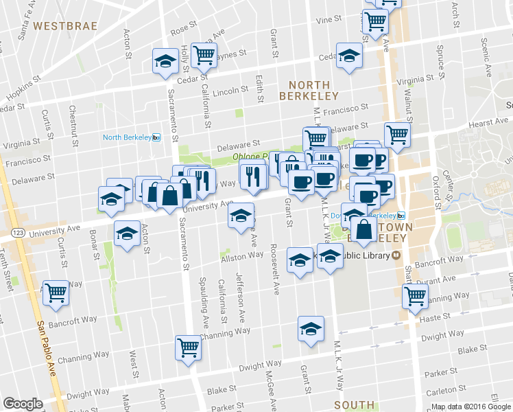 map of restaurants, bars, coffee shops, grocery stores, and more near in Berkeley
