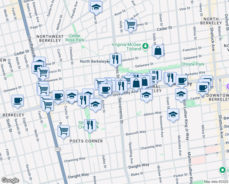 map of restaurants, bars, coffee shops, grocery stores, and more near 1475 University Avenue in Berkeley