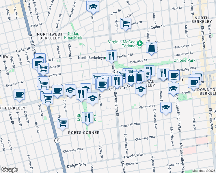 map of restaurants, bars, coffee shops, grocery stores, and more near 1475 University Avenue in Berkeley