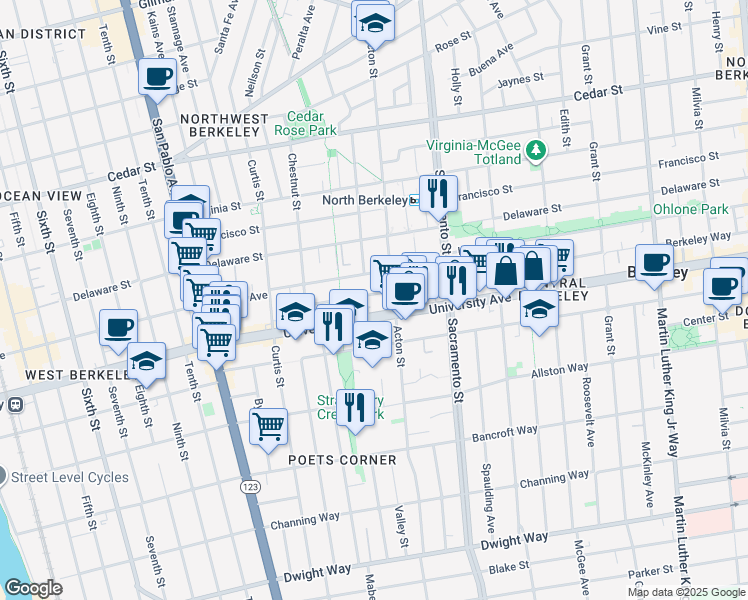 map of restaurants, bars, coffee shops, grocery stores, and more near 1399 University Avenue in Berkeley