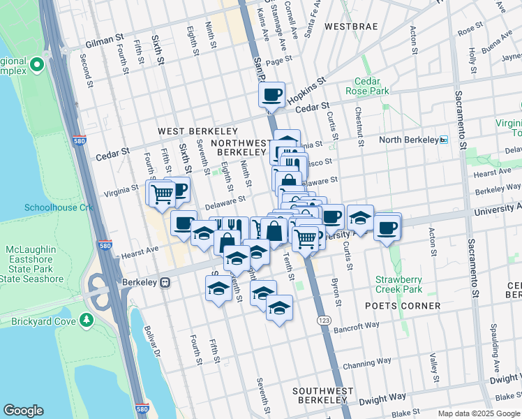 map of restaurants, bars, coffee shops, grocery stores, and more near 1819 Ninth Street in Berkeley