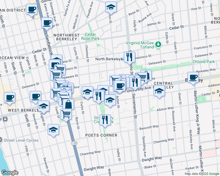 map of restaurants, bars, coffee shops, grocery stores, and more near 1360 Berkeley Way in Berkeley
