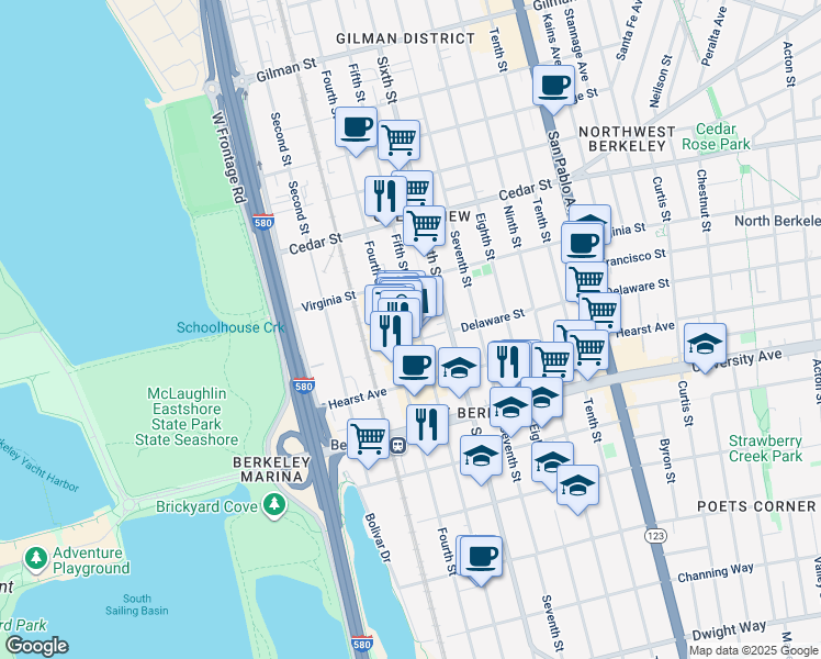 map of restaurants, bars, coffee shops, grocery stores, and more near 805 Delaware Street in Berkeley