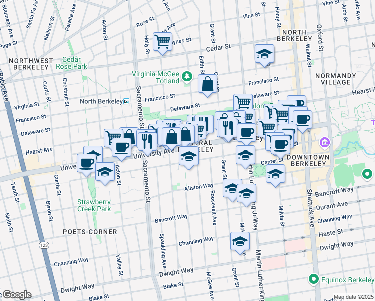 map of restaurants, bars, coffee shops, grocery stores, and more near 1658 University Avenue in Berkeley