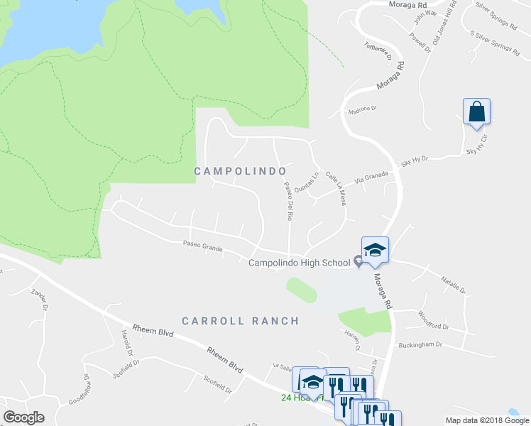 map of restaurants, bars, coffee shops, grocery stores, and more near 363 Calle La Montana in Moraga