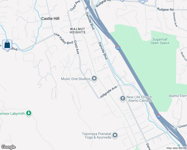 map of restaurants, bars, coffee shops, grocery stores, and more near 50 Vista Lane in Alamo