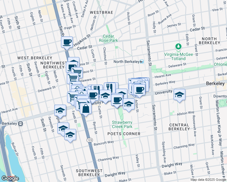 map of restaurants, bars, coffee shops, grocery stores, and more near 1267 Berkeley Way in Berkeley