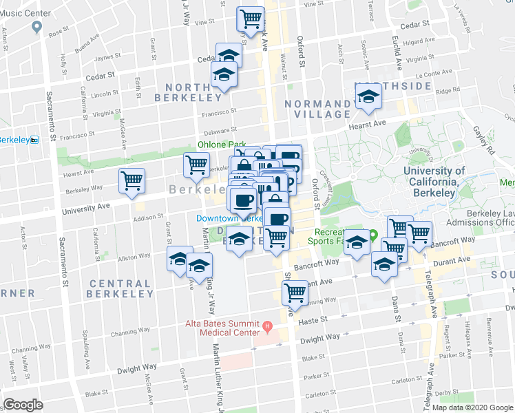 map of restaurants, bars, coffee shops, grocery stores, and more near 2020 Addison Street in Berkeley