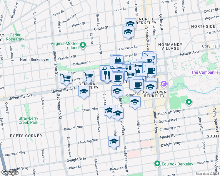 map of restaurants, bars, coffee shops, grocery stores, and more near 1823 Addison Street in Berkeley