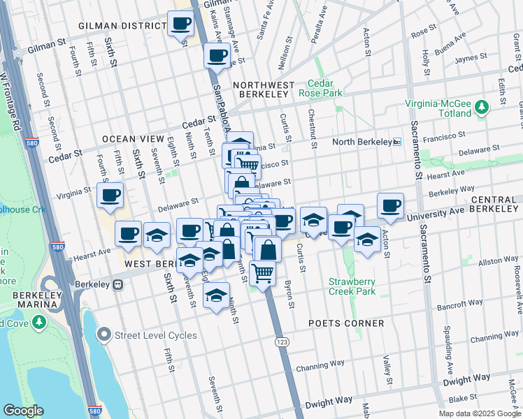 map of restaurants, bars, coffee shops, grocery stores, and more near 1095 Hearst Avenue in Berkeley