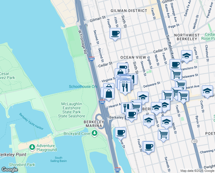 map of restaurants, bars, coffee shops, grocery stores, and more near 1725 Eastshore Frontage Rd in Berkeley