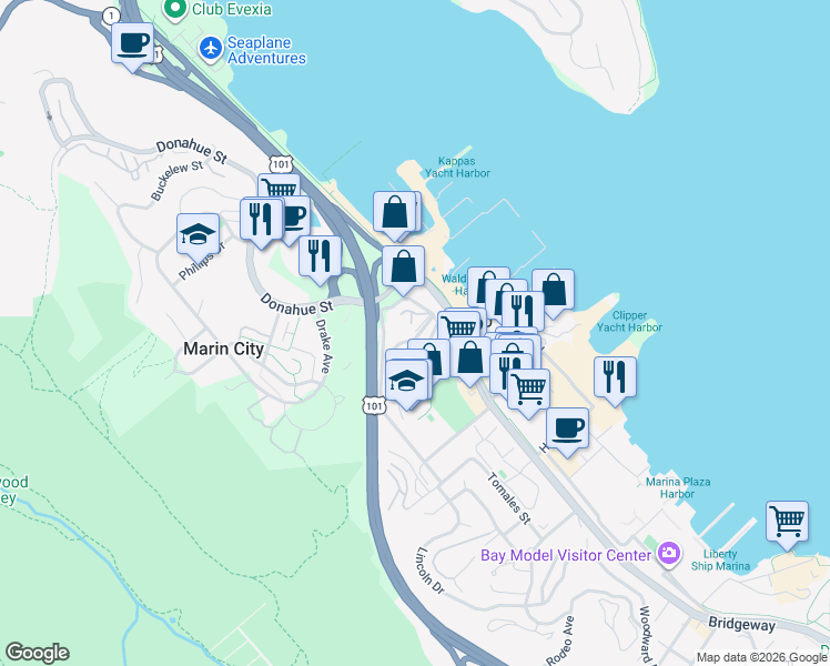 map of restaurants, bars, coffee shops, grocery stores, and more near 41 Stanford Way in Sausalito