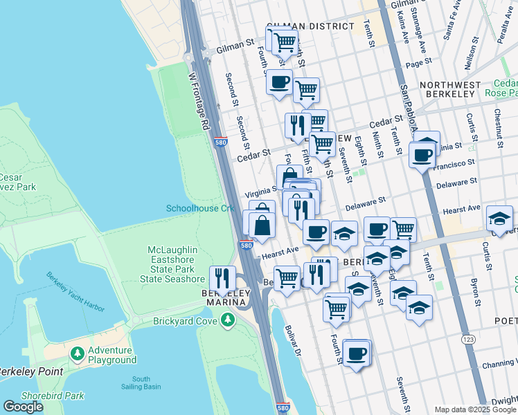 map of restaurants, bars, coffee shops, grocery stores, and more near 1725 Eastshore Frontage Rd in Berkeley