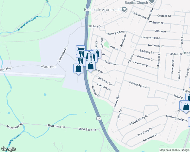 map of restaurants, bars, coffee shops, grocery stores, and more near Corman Drive in Nicholasville