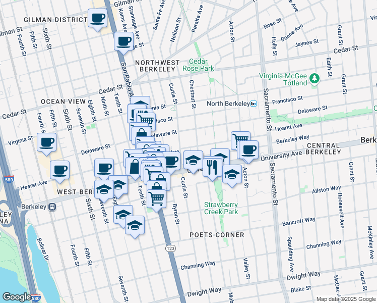 map of restaurants, bars, coffee shops, grocery stores, and more near 1221 University Avenue in Berkeley
