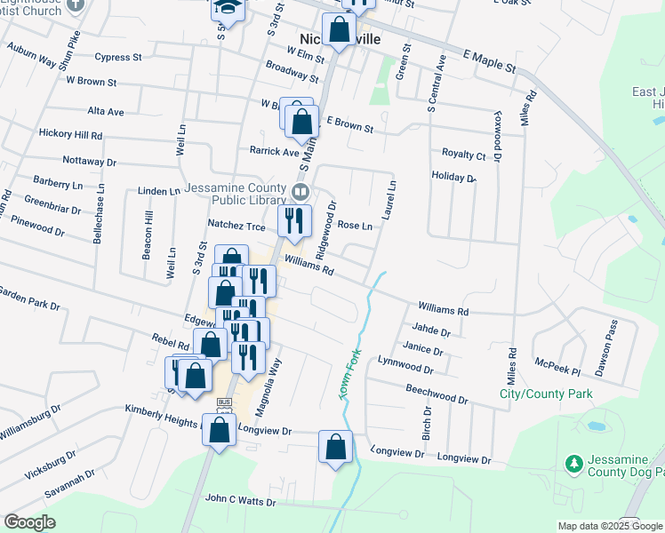 map of restaurants, bars, coffee shops, grocery stores, and more near 305 Williams Road in Nicholasville