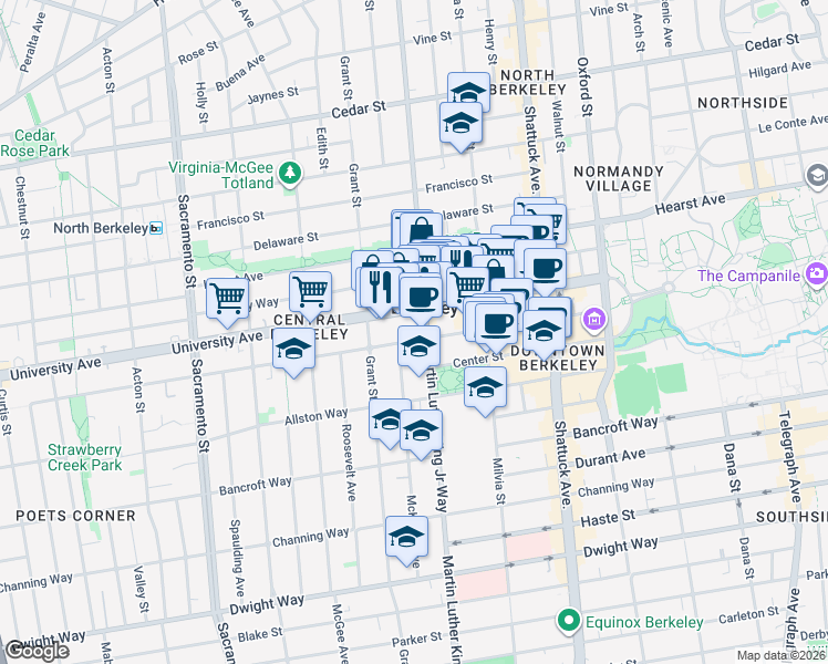 map of restaurants, bars, coffee shops, grocery stores, and more near 1837 Addison Street in Berkeley