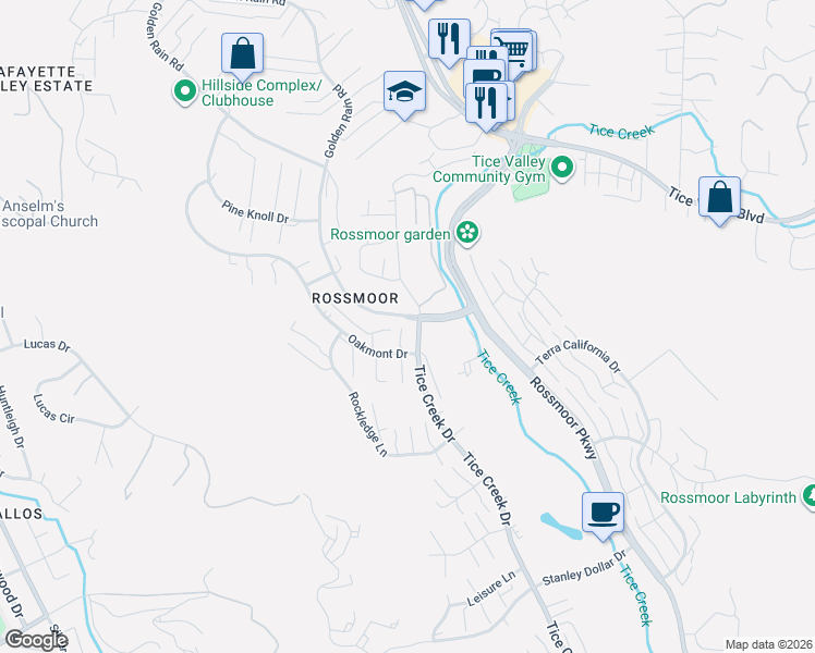 map of restaurants, bars, coffee shops, grocery stores, and more near 1108 Oakmont Drive in Walnut Creek