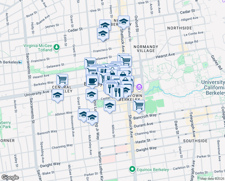 map of restaurants, bars, coffee shops, grocery stores, and more near 1972-1998 Center Street in Berkeley