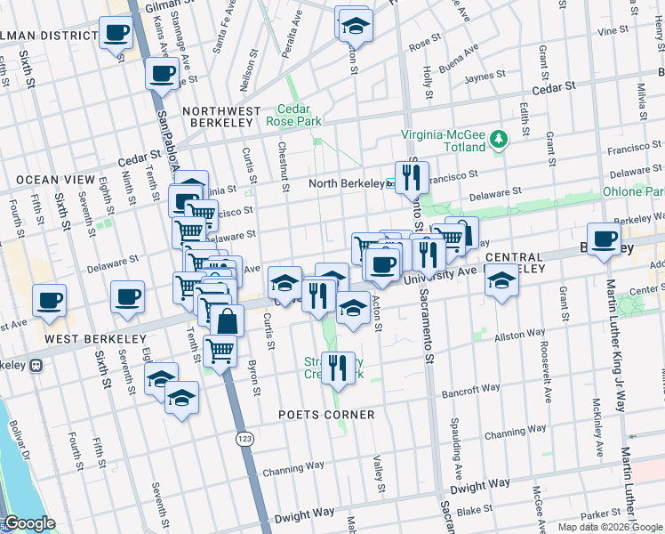 map of restaurants, bars, coffee shops, grocery stores, and more near 1326 Berkeley Way in Berkeley