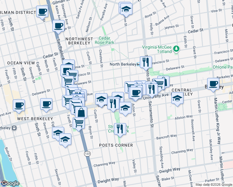 map of restaurants, bars, coffee shops, grocery stores, and more near 1326 Berkeley Way in Berkeley