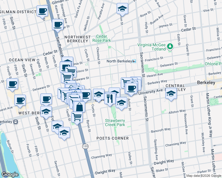 map of restaurants, bars, coffee shops, grocery stores, and more near in Berkeley