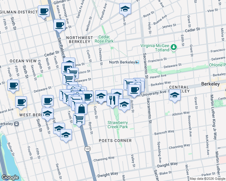 map of restaurants, bars, coffee shops, grocery stores, and more near in Berkeley