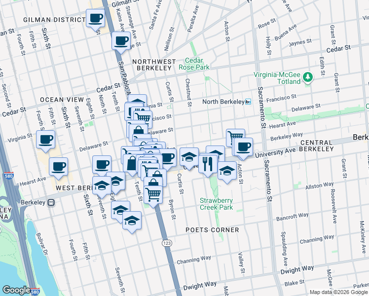 map of restaurants, bars, coffee shops, grocery stores, and more near 1221 University Avenue in Berkeley