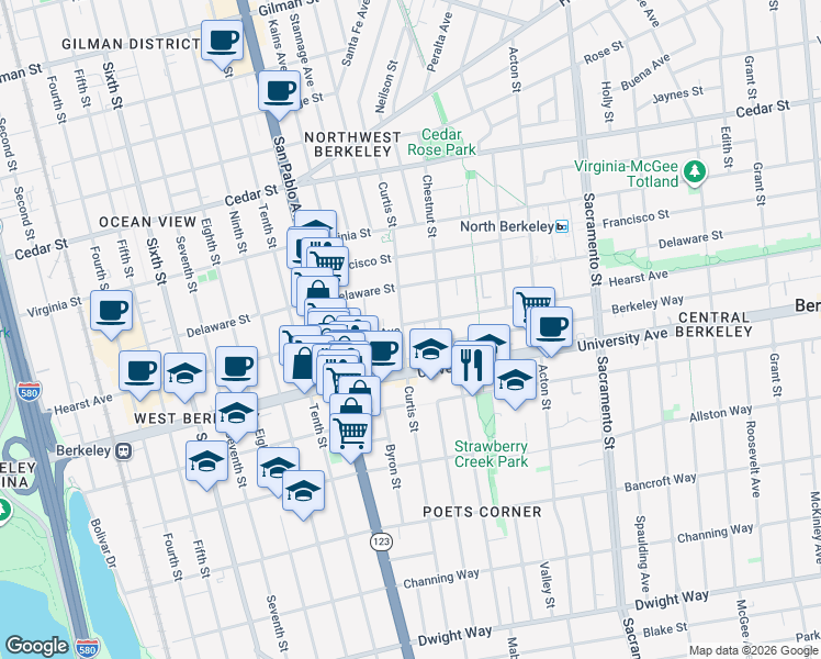 map of restaurants, bars, coffee shops, grocery stores, and more near 1221 University Avenue in Berkeley