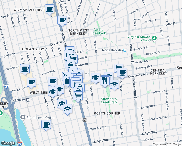 map of restaurants, bars, coffee shops, grocery stores, and more near 1221 University Avenue in Berkeley