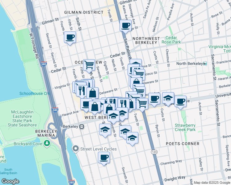 map of restaurants, bars, coffee shops, grocery stores, and more near 1808 Eighth Street in Berkeley