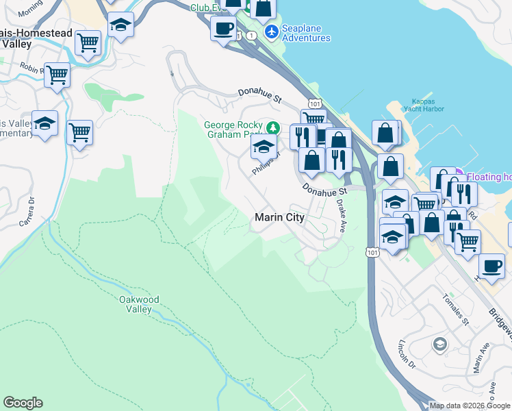 map of restaurants, bars, coffee shops, grocery stores, and more near 15 Pacheco Street in Sausalito