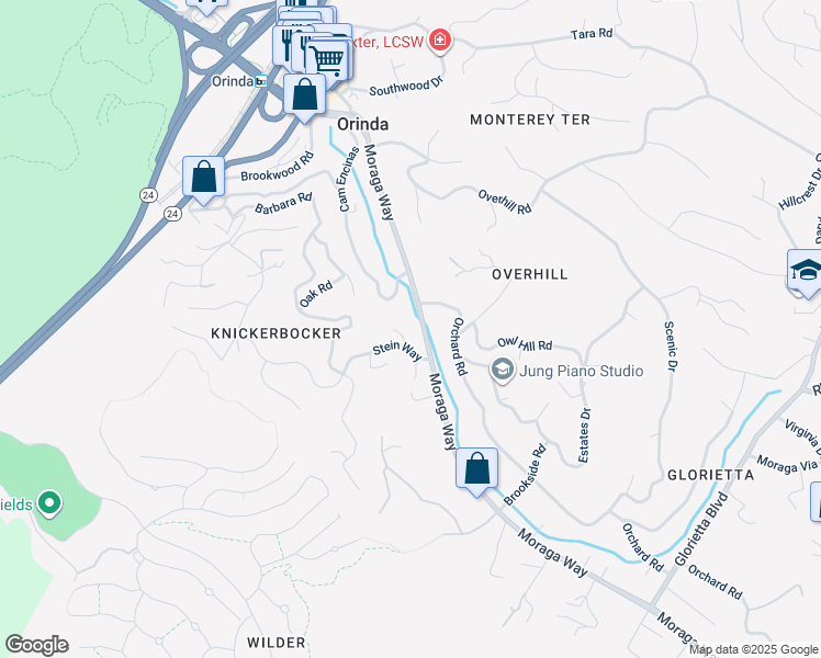 map of restaurants, bars, coffee shops, grocery stores, and more near 122 Stein Way in Orinda