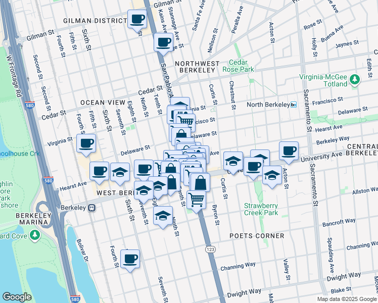 map of restaurants, bars, coffee shops, grocery stores, and more near 1095 Hearst Avenue in Berkeley