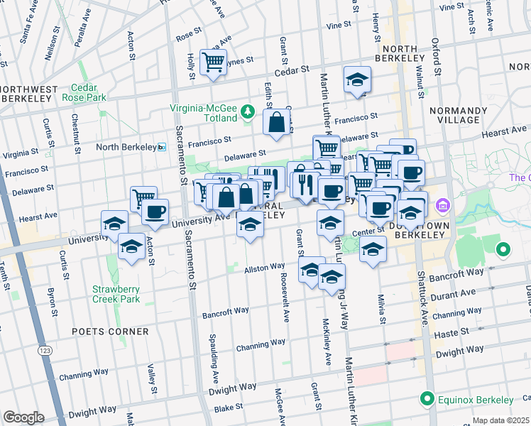 map of restaurants, bars, coffee shops, grocery stores, and more near in Berkeley