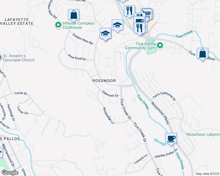 map of restaurants, bars, coffee shops, grocery stores, and more near 1133 Golden Rain Road in Walnut Creek